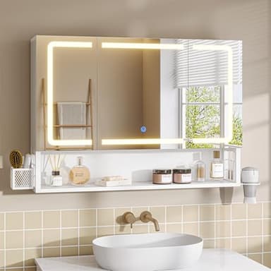 FORABAMB Armario Espejo Baño 80x16x60, Espejo de Baño con Luz Led y Estación de Carga, Mueble Baño con Cesta de Almacenamiento y Estante Interior Ajustable, Tres Temperaturas de Color, Control táctil