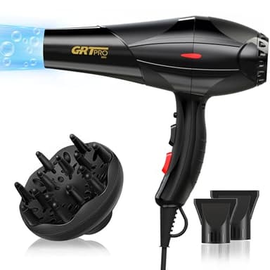 Secador de Pelo Profesional Iónico 2400W AC-Motor, Secador con Difusor y Boquilla Concentradora, 2 Velocidades 3 Temperaturas Protección Contra Sobrecalentamiento (2.0 negro)