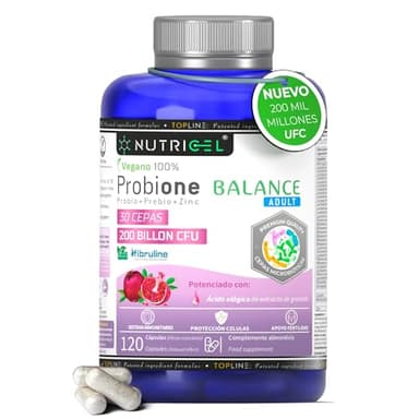 Probióticos y Prebióticos intestinales 200 mil Millones UFC y 30 Cepas bacterianas + Zinc, Inulina y Extracto de Granada. Salud Microbiota Intestinal.Máxima Concentración y 100% Vegano | 120 cápsulas
