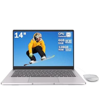 Ordenador portátil 14 pulgadas Dual-Core hasta 2,6 GHz • 6 GB RAM • 128 GB SSD • UHD portatil • WiFi 5G • Mini-HDMI • Teclado membrana • Diseño sin ventilador • Color plateado • Ratón incluido