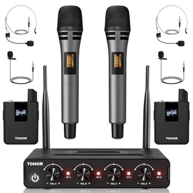 TONOR Set de micrófono inalámbrico UHF con transmisor bodypack/Diadema/Solapa, 4x5 Frecuencias, Alcance de 60m para Canto, Karaoke, Sistema PA, Altavoces TW362