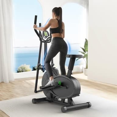 Yonisee Bicicleta Eliptica 2 en 1 para Casa, Máquina De Ejercicios Elíptica con Asiento Ergonómico, Resistencia Ajustable, Monitor LCD, Sensor De Frecuencia Cardíaca (Negro)