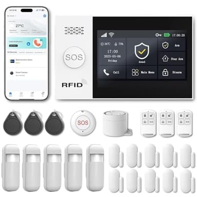 RenseCum Sistema de Alarma para casa WiFi 4G sin cuotas, Kit Alarma casa inalámbrico 24 Piezas con Pantalla táctil 4,3", Sirena 120 dB, detectores de Movimiento y sensores Puerta/Ventana (Kit de 24)