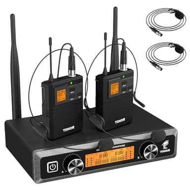 TONOR Sistema de Microfono Inalambrico, con Micrófono Diadema/Lavalier Solapa Bolsillo Mic, Bodypack Transmisorcon, Receiver de Metal, 2x5 Frecuencias UHF, 60M para Cantar Karaoke Lglesia Reunión