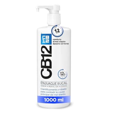 CB12 Enjuague Bucal para Halitosis - Combate el Mal Aliento Durante 12 Horas – Colutorio Sabor Menta y Sin Alcohol - Probado Científicamente - 1000ml