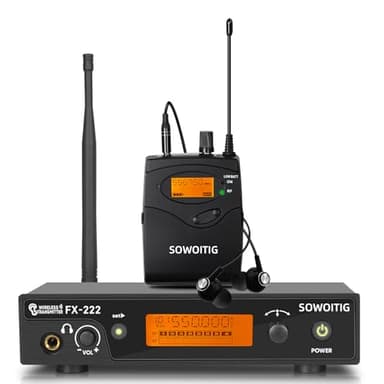 SOWOITIG Sistema de monitoreo inalámbrico in-ear UHF IEM profesional con transmisor rack, 1 receptor Bodypack auriculares, 100 frecuencias, 80 m alcance