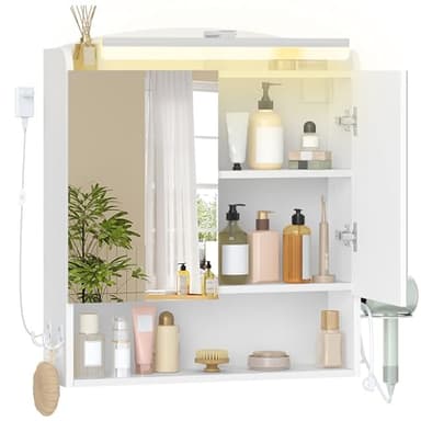 Hzuaneri Armario de Baño, con Espejo y Luz LED, Mueble Espejo de Pared, Armario baño Pared, con Soportes y Ganchos para secador de Pelo, con Interruptor y Enchufe, 16,5 x 60 x 68,5 cm Blanco