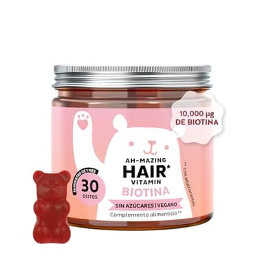 Gominolas Biotina Ah-mazing Hair Vitamin – Para el cabello, uñas y piel - 10.000 µg de Biotina, Zinc, Vitaminas B6, C, E e Yodo – 30 Unidades (1 mes), Vegana, Sin Azúcar, Bears with Benefits