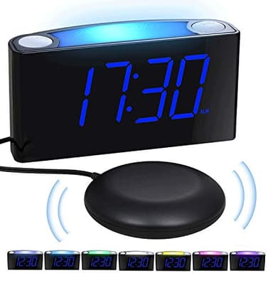 Reloj Despertador por Vibración con Agitador de Cama, Pantalla Regulable de 7 '', 7 Luces Nocturnas en Color, 12/24, Configuración de Respaldo de Batería, Type C,Despertador Grande para Dormitorio