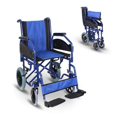 Mobiclinic®, Silla de ruedas plegable, Maestranza, Frenos estacionamiento, Asiento 45 cm, Reposapiés extraíbles, Reposabrazos abatibles y acolchados, Pequeñas, Resistente, Color azul