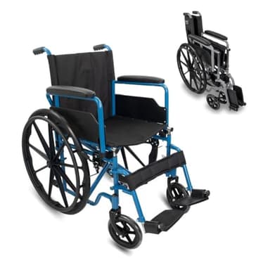 Mobiclinic®, Silla de ruedas plegable, Marsella, Extracción rápida pulsando un botón, Asiento 46 cm, Reposapiés y reposabrazos abatibles, Palanca freno, Resistente, Azul