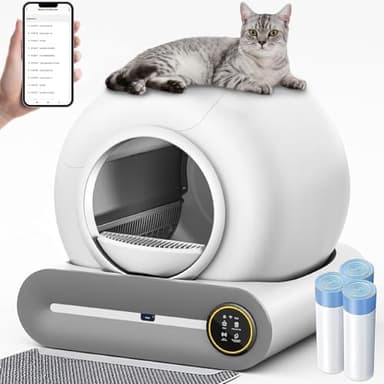 GESEILAY Arenero para Gatos Autolimpiable, 65+9L, Caja de Arena para Gato Automática con Control de App, Cerrado, 3 Rollos de Bolsas de Basura, Desodorización con Iones Negativos