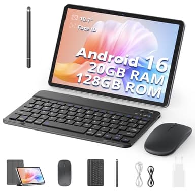 Tablet 10 Pulgadas, con Teclado, Lápiz, Funda y Ratón, Android 16, 20 GB de RAM + 128 GB de ROM, Octa-Core, 1280 x 800 HD, 6600 mAh (con NTC), Widevine L1, 8 MP + 2 MP, 2.4 G + 5 G WiFi (Gris)