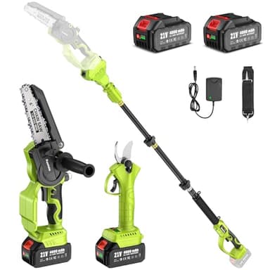 Supstable Mini Motosierra Telescopica 6 Pulgadas & Tijeras de Podar Eléctricas 33mm, 4 en 1 Kit de Herramientas con 8000 mAh Baterías, Alcance hasta 4,8 m, Tensión y Cambio de Cadena sin Herramientas