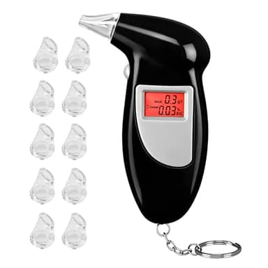 Alcoholímetro Homologado DGT Portátil con Pantalla LCD y 10 Boquillas Reemplazables - Test de Alcoholemia Preciso para Uso Personal y Profesional - Conducción Segura y Prevención de Multas