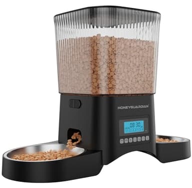 HONEYGUARDIAN Comedero Gato Automatico Doble, 3.5L Dispensador Comida Gatos/Perros 2 Tazones, Alimentador Automatico Gatos con 1-6 Comidas al día, Acero Inoxidable 304, Grabadora de Voz