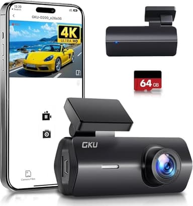 GKU 4K Dashcam WiFi con Tarjeta 64GB, Dash CAM Coche UHD 2160P, Cámara Coche Gran Angular 170°, Visión Nocturna WDR, App, Sensor G, Grabación en Bucle, Aparcamiento 24H, hasta 256GB