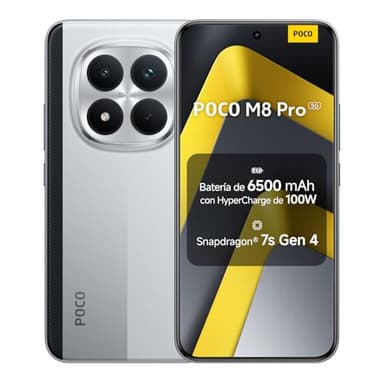 XIAOMI POCO M8 Pro 5G - Smartphone de 12+512GB, Pantalla de 6,83" 1.5K AMOLED, Snapdragon 7s Gen 4, cámara de 50MP, Hypercharge 100W, Cargador no Incluido, Plata (Versión ES)
