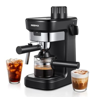 Reemix Máquina de Café Espresso Manual 6 Bar para Café Molido, Cafetera Compacta con Función Vapor y Espumador de Leche, Cappuccino Cremoso, Calientatazas, Jarra de Cristal, Negra