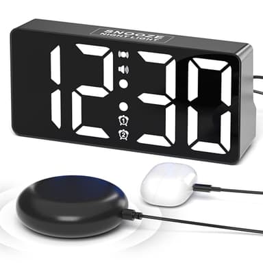Mesqool Reloj Despertador con Vibración, Despertador Vibrador para Personas Que Duermen Mucho, Adolescentes sordos con discapacidad auditiva, Reloj Despertador Doble, Pantalla Grande, Luces