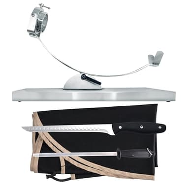 Nerthus FIJ 1449 set jamonero basculante con cabezal giratorio de acero inoxidable cubre jamón negro afilador manual y cuchillo jamonero