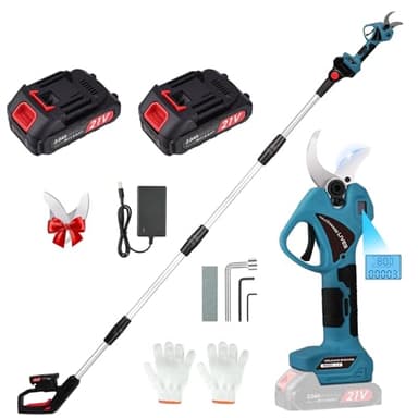 Tijeras de Podar Eléctricas, 40mm 2 Baterías 21V 2.0Ah con Palo Telescópico 244cm y Tijeras de Podar Batería para Ramas Altas y Jardín