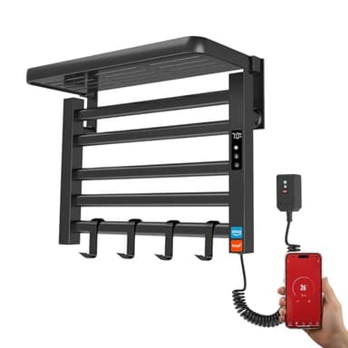 YOEVU | Toallero eléctrico | 100W, Compatible con Alexa | Estante Superior | Pantalla LCD táctil, Control WiFi, Montaje en Pared | Aleación de Aluminio, Negro
