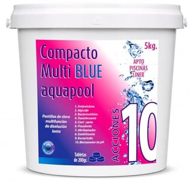Compacto 10 ACCIONES AQUAPOOL (200 GR) - Pastillas de Cloro multifunción - Disolución Lenta - Apto Piscinas Liner (5 KG)