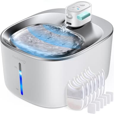 Fuente para Gatos Inalambrica con Sensor De Movimiento En Acero Inoxidable, Feelneedy 4l Fuente De Agua para Gatos Sin Cable con Bateria Recargable 4000mah, con 6 Filtros+ 12 Esponjas, Blanca