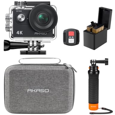 AKASO Pack de Buceo EK7000 Cámara Deportiva 4K 20MP WiFi Cámara de Acción para Surf y Buceo Camara Acuatica Sumergible con Empuñadura Flotante Impermeable, Bolsa de Almacenamiento, 2 Baterías