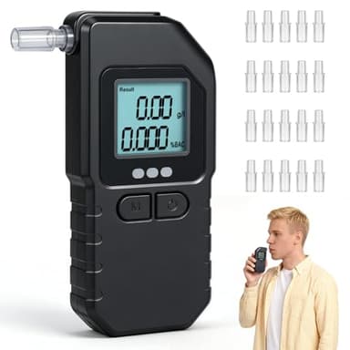 Senprity Alcoholimetro Homologado,Test Alcoholemia Profesional Alta Precisión Pantalla LCD Digital Función Memoria Aviso por Voz Etilometro Portátil con 20 Boquillas Reutilizables para Casa y Fiestas