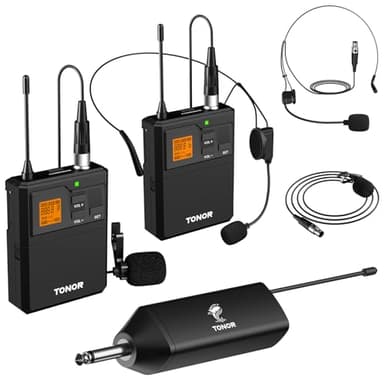 TONOR Dual Microfono Inalambrico UHF con Micrófono Diadema/Lavalier Solapa Bolsillo Mic, Bodypack Transmisor, Mini Receiver 1/4 pulgadas Salida, 60M para Actuaciones en Vivo Reuniones Lglesia Discurso