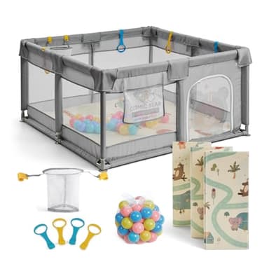 Buddy Baby Park- Parque Infantil Bebe 120x120cm + Alfombra + Agarraderas + Canasta + Bolas – Corralito Bebe con Malla Transpirable – Parque de Juegos Bebe Plegable con Puerta Lateral (Gris)