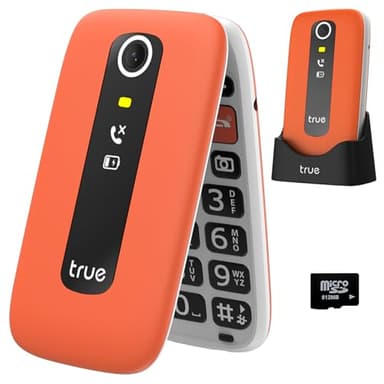 TRUE S70 Teléfono Móvil para Mayores con Tapa 2G, Pantalla de 2,8", Volumen Alto, Teclas Grandes, Alarma de Caída, Botón SOS, Cámara, Podómetro, Estación de Carga, Tarjeta microSD de 512MB, Naranja
