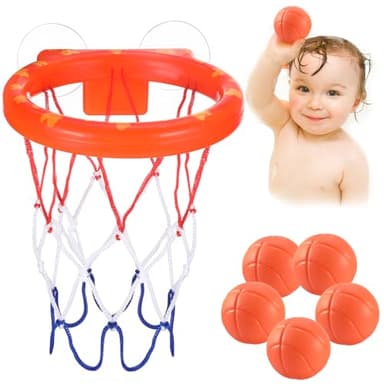 Juguete de baño para bebés: 5 Pelotas sin Agujeros + Canasta de Baloncesto con Ventosa Fuerte. Juguete de baño para niños pequeños o niños/niñas. Set de Juguetes para Sala de Estar, baño, Dormitorio