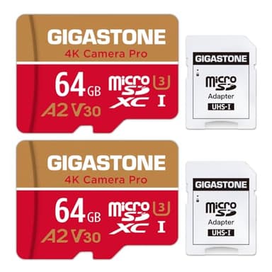 Gigastone - Tarjeta de Memoria de 64 GB, Juego de 2 Tarjetas, cámara 4K Pro, Compatible con GoPro Switch, Velocidad 95 MB/s. A2 U3 V30 - Tarjeta Micro SDXC con Adaptador SD.
