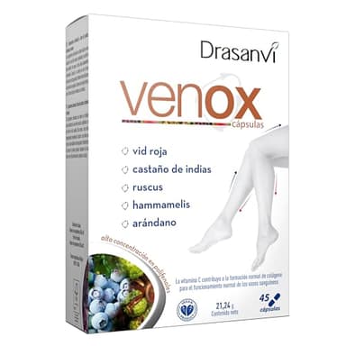 Drasanvi VENOX Ayuda a mejorar la Circulación, Hammamelis, Castaño de InDias y Ruscus, Alta Concentración de Polifenoles, Vid Roja, Arándanos y Grosellero Negro, Reforzado con Vitaminas ,45 cáps