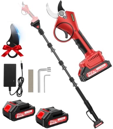 Tijeras de Podar Electricas con Pértiga,40mm 2 en 1 Tijeras de Podar Telescopica Bateria con 21 V 2x 2000 mAh Baterías, Extender 2.5M, Potente Motor sin Escobillas para Jardinería, Arboles Frutales