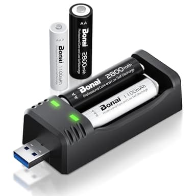 BONAI Cargador de Batería con Pilas Recargables 2X AA y 2X AAA de 1,2 V, 2800/1100 mAh, Alta Capacidad, Cargador Rápido USB para Pilas AA, AAA y Ni-MH
