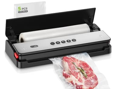 Bonsenkitchen Envasadora al vacío, para alimentos secos y húmedos. Envasadora al vacío con cortador incorporado. Incluye 1 rollo de bolsas de plástico y 5 bolsas al vacío precortadas.