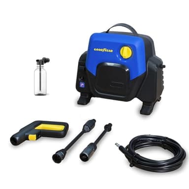 Goodyear - Hidrolimpiadora 1400W Compacta 100 Bar 4.5 l/min. Pistola y Lanza Turbo. Enrollador de Manguera Azul. Sistema Auto Stop. Depósito de detergente 200ml