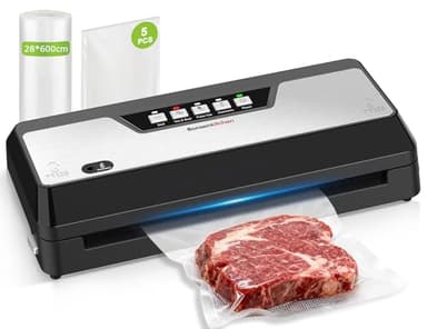 Bonsenkitchen Envasadora al Vacio con Cortador Incorporado y Función de Almacenamiento de Bolsas, Apta Para Cocción al Vacío y Comidas Preparadas, Incluye 1 Rollo y 5 Bolsas Precortadas, Negro