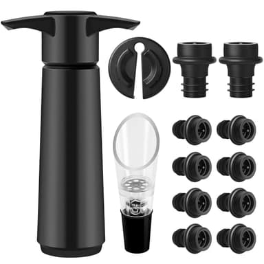 AUROAY Bomba de vino con 10 tapones de vacío, vertedor decantador, cortador de cápsulas, tapón de vino, tapón reutilizable para botellas de vino