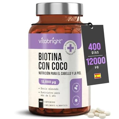 Biotina para el Cabello, Piel y Uñas | Alta Dosis 12.000 µg Pastillas | Suministro para 1 Año | B7 Vitaminas para el Pelo, Anticaida y Crecimiento Cabello | Mujer y Hombre | VitaBright Biotin