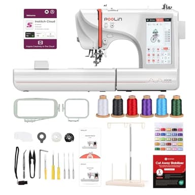 PooLin EOC05 embroidery machine - Máquina de bordar electrónica - Pantalla táctil LCD de 7″, marcos 10×10 cm y 10×23,5 cm, importación de motivos USB/Wi-Fi, ideal para principiantes y expertos