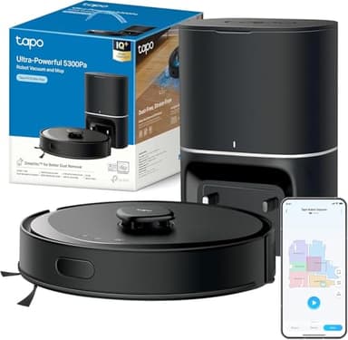 Tapo RV30 MAX Plus Robot Aspiradora, Potencia de succión Ultra de 5300 Pa con fregado, Base de Autovaciado automático de 3 l, navegación LiDAR+IMU Avanzada, Control por Voz y aplicación,Negro