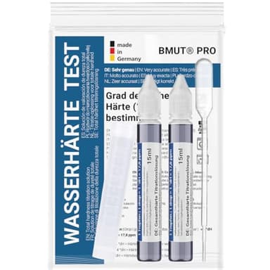 Medición de dureza del agua | Juego de prueba alemán de dureza | solución de valoración | suave, medio, duro | valoración | rango de medición 0-30 °dH – Comprobar cal (2 x 15 ml)
