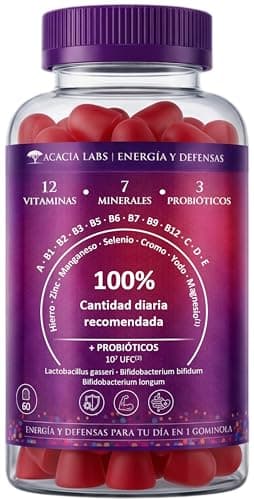 Multivitaminas Gominolas Adultos Sabor Fresa - 12 Vitaminas, 7 Minerales, 3 Probióticos - 60 Gummies (Suministro 2 Meses) - 100% Cantidad Diaria - La única con una fórmula tan completa
