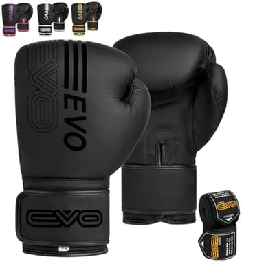 EVO Fitness Guantes de Boxeo Negros Mate para Hombre, Saco de Boxeo, Mujeres, Rosa, Artes Marciales, Muay Thai, Artes Marciales, Kickboxing, Guantes de Lucha con Vendas para Las Manos (Negro, 12 OZ)