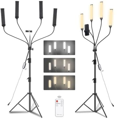 Luz LED de Cuatro Brazos para Fotografía, Lámpara Cosmética, Luz de Pestañas con Trípode y Soporte para Teléfono para Maquillaje, Pestañas, Cejas, Tatuaje, Manicura, Stream, Fotografía de Producto